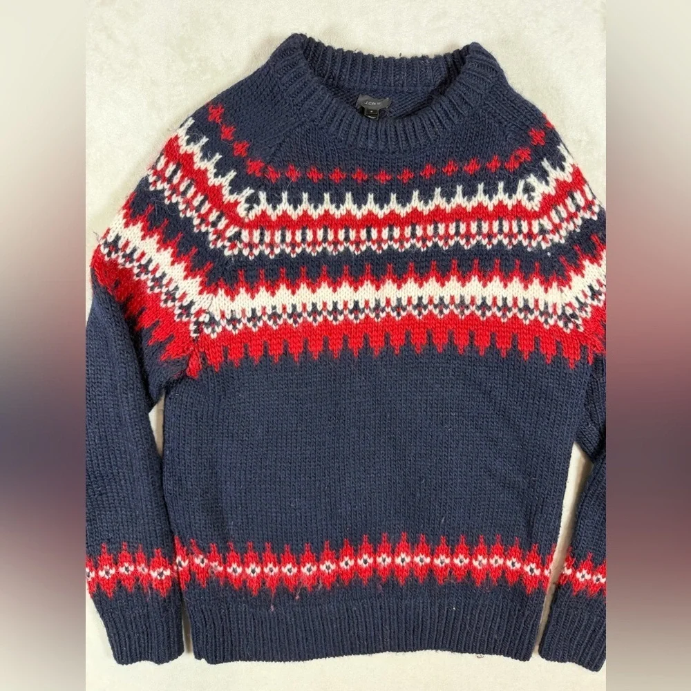 J. Crew Size Small Navy and Red Crewneck Wool Blend Fair Isle Sweater